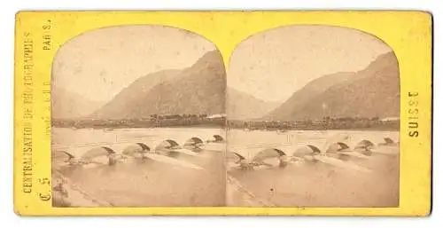 Stereo-Fotografie C. S. Breveté, Paris, Ansicht Genf, Blick über die Brücke zur Stadt