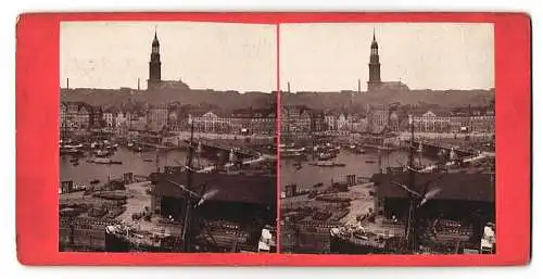 Stereo-Fotografie Bruno Richter, Breslau, Ansicht Hamburg, Blick über den geschäftigen Hafen zur Uferpromenade