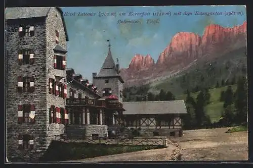 AK Karerpass /Dolomiten, Hotel Latemar mit Rosengarten