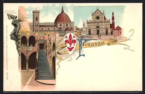 Lithographie Firenze, S. Groce, Cortile Bargello, Cattedrale, Diavolina di Giambologna