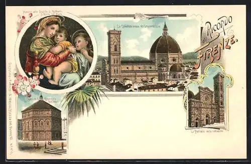 Lithographie Firenze, Chiesa di S. Giovanni o Battistero, la Cattedrale presa da Orsanmichele, la Facciata