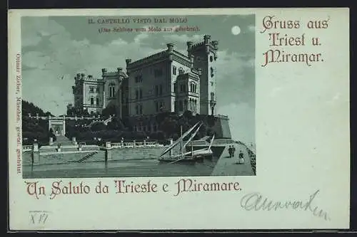 Mondschein-Lithographie Triest, Das Schloss vom Molo aus gesehen