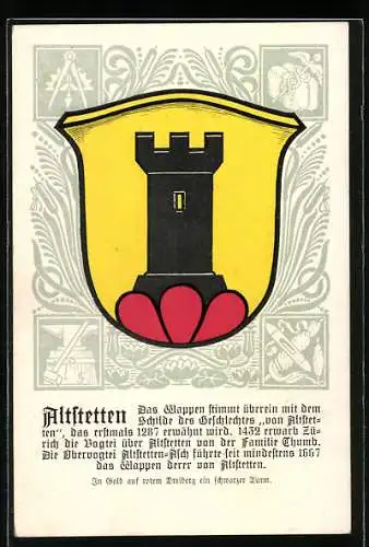Künstler-AK Altstetten, Wappen mit schwarzem Turm auf rotem Dreiberg