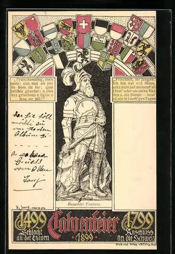 Künstler-AK Chur, Calvenfeier 1899, Benedikt Fontana & Wappen