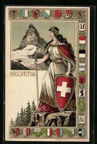 Lithographie Schweiz, Helvetia mit Schwert und Schild, Wappen der Kantone, Matterhorn