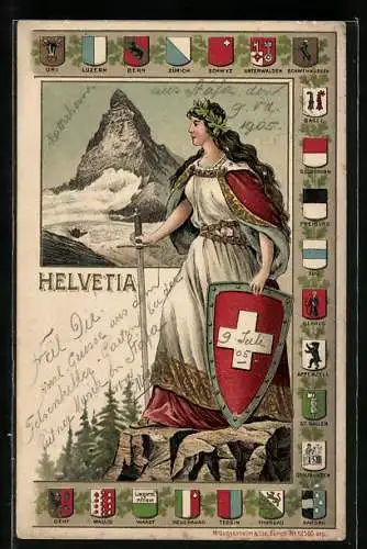 Lithographie Schweiz, Helvetia mit Schwert und Schild, Wappen der Kantone, Matterhorn