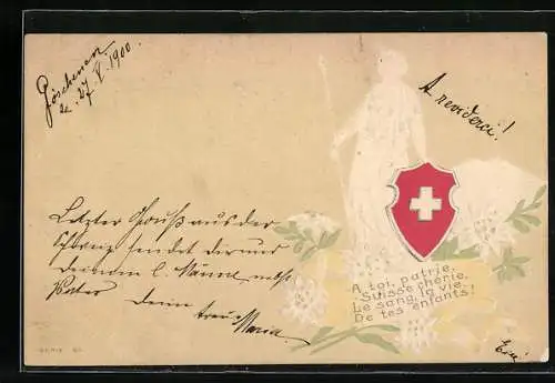 Präge-AK Helvetia mit Schild und Speer, weisse Blumen