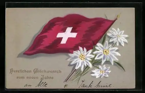 AK Flagge der Schweiz und weisse Blumen, Neujahrsgruss