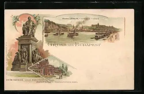 Lithographie Budapest, Buda látképe, Deák szobor, Margitsziget