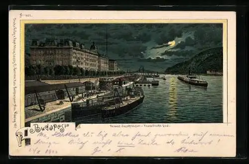 Lithographie Budapest, Franz Josefs Quai im Mondlicht