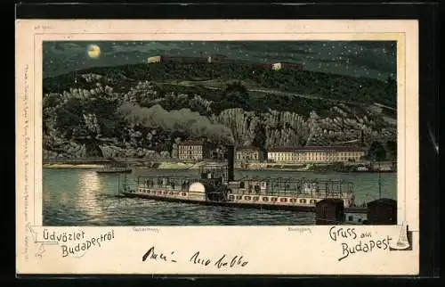 Lithographie Budapest, Dampfer im Mondlicht, im Hintergrund der Blocksberg