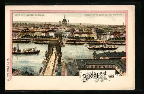 Lithographie Budapest, Panorama von der königl. Burg mit Kettenbrücke