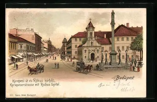 Lithographie Budapest, Kerepeserstrasse mit Blick auf das Rochus Spital