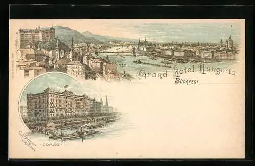 Lithographie Budapest, Ortsansicht mit Grand Hotel Hungaria, Corso mit Dampfschiff