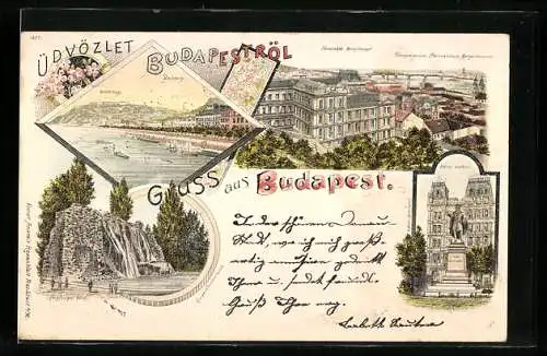 Lithographie Budapest, Margaretheninselquelle, Obergymnasium und Oberealschule, Blocksberg
