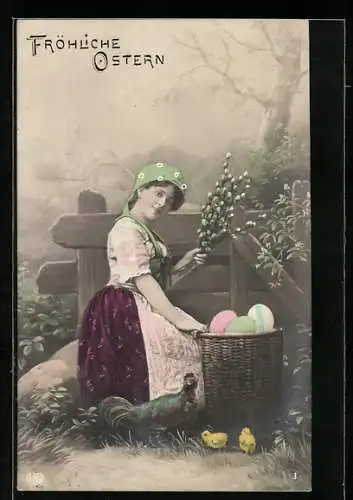 Foto-AK EAS Nr. 1353 /1: Eine Junge Frau mit einem Strauss Weidenkätzchen und einem Korb voll Ostereiern