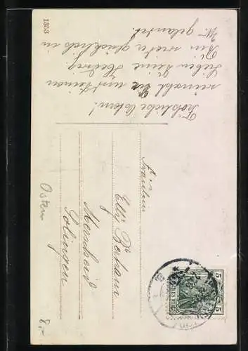 Foto-AK EAS Nr. 1353 /1: Eine Junge Frau mit einem Strauss Weidenkätzchen und einem Korb voll Ostereiern