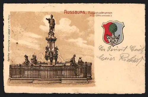 Lithographie Augsburg, Augustusbrunnen und Stadtwappen