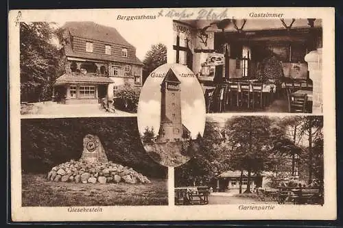 AK Dransfeld, Berggasthaus auf dem Hohenhagen, Bes. Wilhelm Bühre, Gausturm und Giesekestein