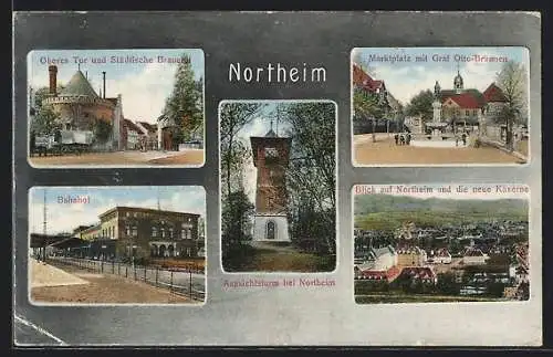 AK Northeim, Bahnhof, Oberes Tor und Städt. Brauerei, Aussichtsturm, Eisenbahn