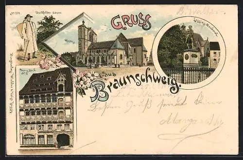 Lithographie Braunschweig, Lessing-Denkmal, Haus Sack No. 5, Bordfeld Bauer, Dom