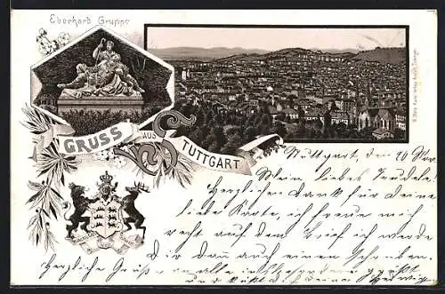 Lithographie Stuttgart, Eberhard Gruppe, Wappen, Totalansicht aus der Vogelschau