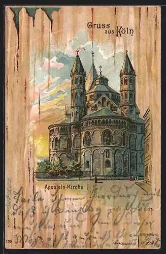 Lithographie Köln, Aposteln-Kirche im Abendlicht