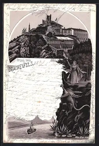 Lithographie Drachenfels, Blick auf Hotel und Ruine