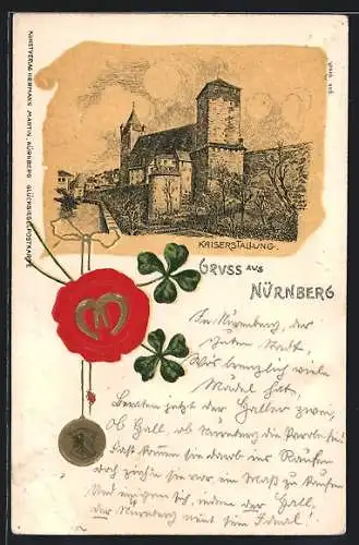 Lithographie Nürnberg, KAiserstallung, Siegel mit Hufeisen und Kleeblättern