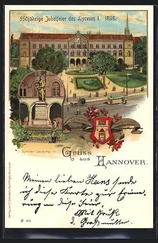 Lithographie Hannover, Lyceum Real-Gymnasium, Schiller-Denkmal, Wappen