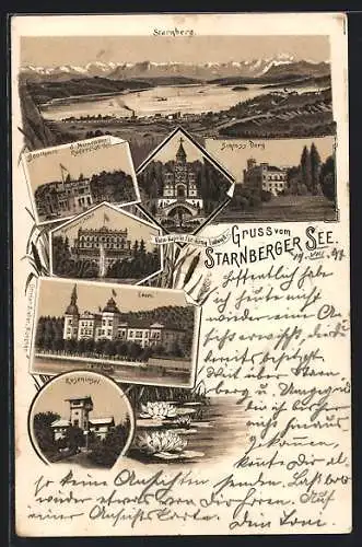 Lithographie Starnberg, Totalansicht mit Starnberger See, Schloss Berg, Roseninsel, Leonie, Votiv-Kapelle