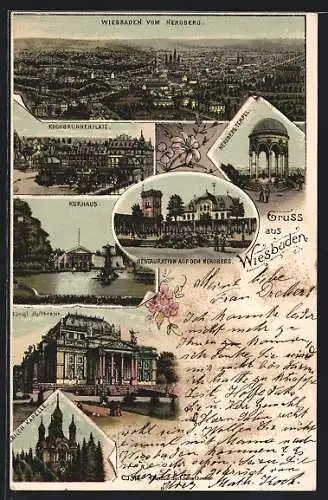 Lithographie Wiesbaden, Restaurant auf dem Neroberg, Königl. Theater, Kurhaus