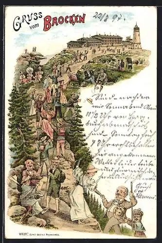 Lithographie Brocken, Wanderer zum Hotel und Aussichtsturm