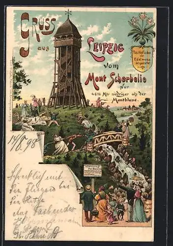 Lithographie Leipzig, Aussichtsturm auf dem Mont Scherbelio, satirische Szenen der Besucher