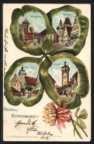 Passepartout-Lithographie Rothenburg / Tauber, Klingenthor, Weisser Thurm und weitere Ansichten im Kleeblatt, Kleeblüte