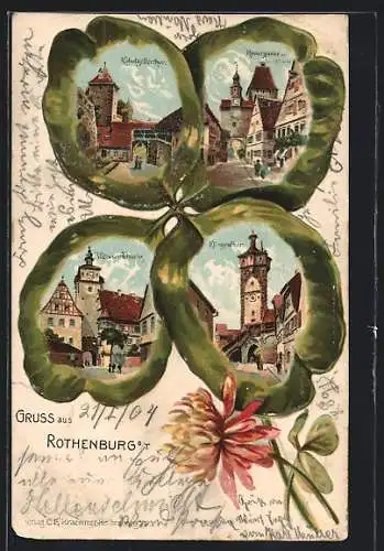Passepartout-Lithographie Rothenburg / Tauber, Kobolzellerthor, Rodergasse, Weisserthurm & Klingenthor im Kleeblatt