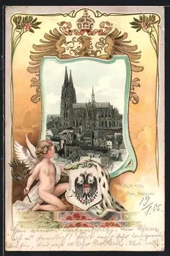 Passepartout-Lithographie Köln a. Rh., Dom, Südseite, Engel mit Wappen