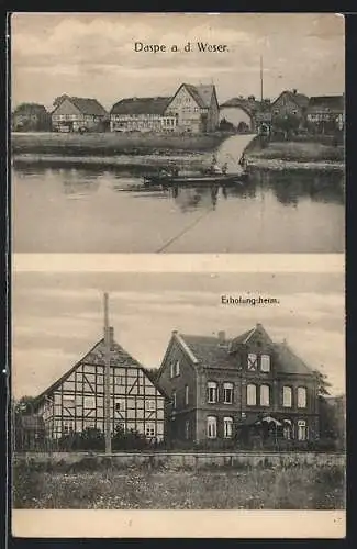 AK Daspe a. d. Weser, Erholungsheim, Ortspanorama mit Bootssteg
