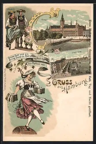 Lithographie Hamburg, Jungfernstieg, Rathaus