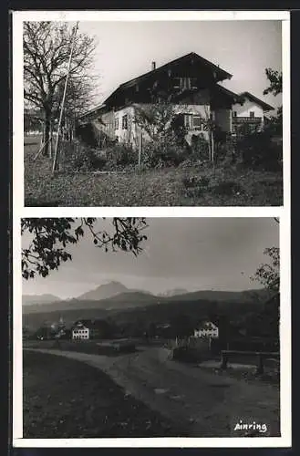 AK Ainring, Ortsansicht mit Bergpanorama und Strasse, Wohnhaus