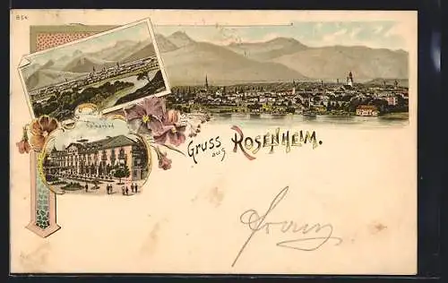 Lithographie Rosenheim, Kaiserbad, Ortsansicht aus der Vogelschau