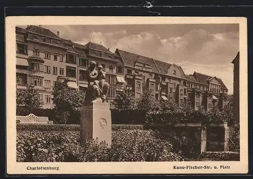 AK Berlin-Charlottenburg, Kuno-Fischer-Strasse und Platz mit Denkmal