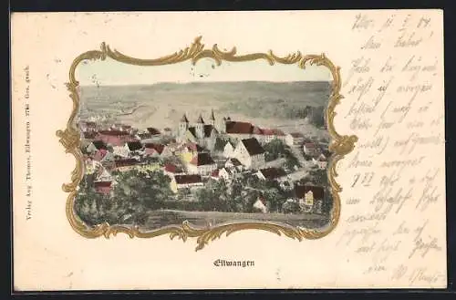 Präge-AK Ellwangen, Teilansicht mit Fernblick aus der Vogelschau