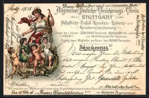 Lithographie Stuttgart, Allgemeiner Dt. Versicherungs-Verein, Empfehlungskarte für Mitglieder, Mutterfigur mit Kindern