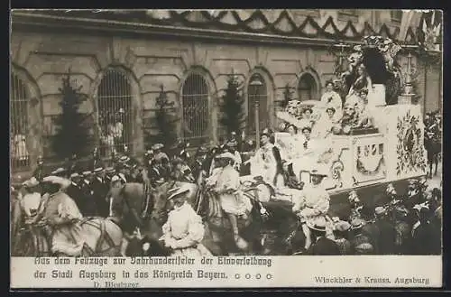 AK Augsburg, Jahrhundertfeier der Einverleibung Bayern, Festzug, Wagen mit Damen in Weiss