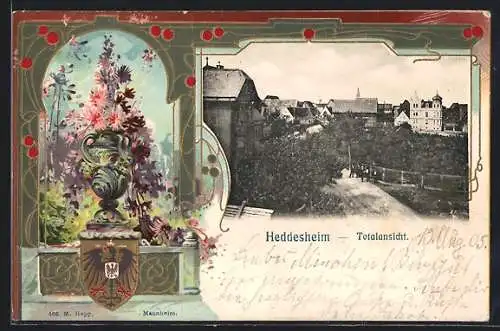 Passepartout-Lithographie Heddesheim / Baden, Totalansicht mit Strasse, Reichswappen mit Blumenvase