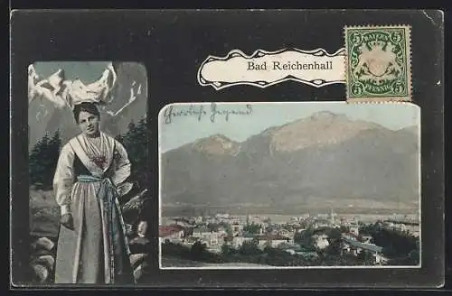 AK Bad Reichenhall, Ortspanorama und Frau in Tracht