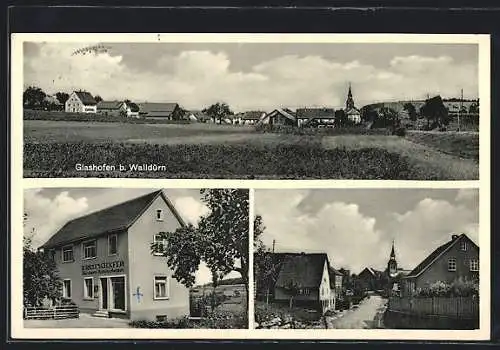 AK Glashofen /Walldürn, Bäckerei Ernst Schäfer, Ortspartie mit Kirche, Ortspanorama