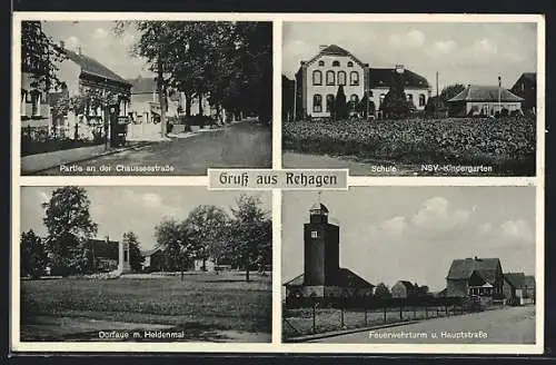 AK Rehagen / Klausdorf, Schule u. NSV-Kindergarten, Feuerwehrturm, Dorfaue m. Heldenmal, Chausseestrasse