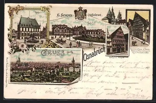 Lithographie Osnabrück, Gasthof zur Walhalla, Bahnhof, Teilansicht, Hoflieferant Schorn, Wappen